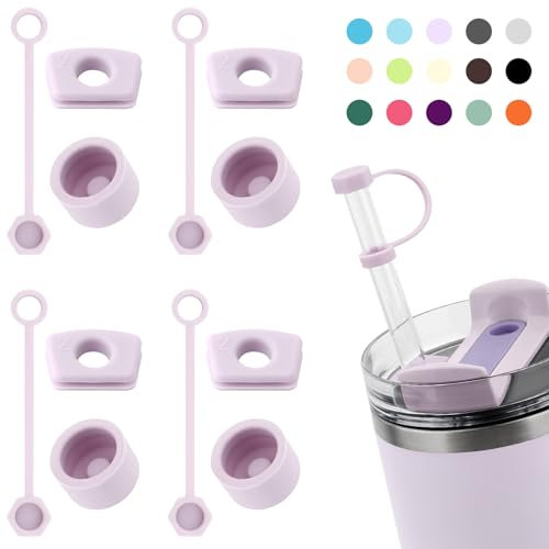 DUNLAGUE Silicone Spill Stopper Set Compatible with Stanley Cup 2.0 30oz & 40oz with Straw Cover (Set of 4, Orchid)
