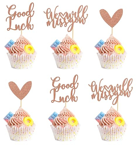 Arthsdite Lot de 24 décorations pour cupcakes « We Will Miss You » en forme de cœur rouge à paillettes - Thème de la retraite - Décorations de gâteaux de fête - Paillettes or rose