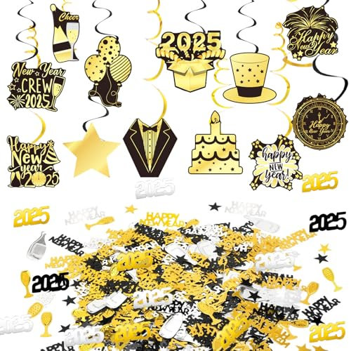 Silvester Deko 2025, Silvester Konfetti, Silvester Tischdeko, Konfetti Streudeko Silvester Deko mit 12 Hängedeko Wirbel, Glitzer Konfetti Happy New Year Deko, Streudeko Neujahr Deko Silvester Party