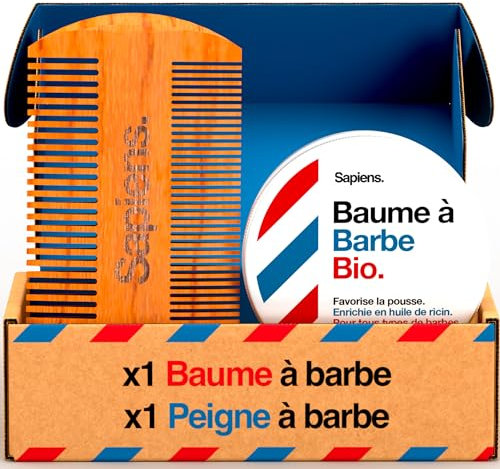 Sapiens Barbershop Baume Barbe Homme BIO 60ml + Peigne Barbe - Soin Barbe Homme Fabriqué en France Certifié ECOCERT - Cire Barbe et Moustache au Beurre de Karité et Huile de Ricin BIO