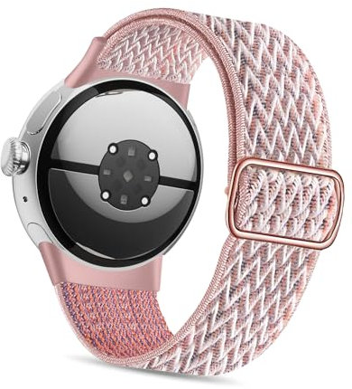 NewJourney Stretch Nylon Armband kompatibel mit Google Pixel Watch 3 41mm/2/1, verstellbar Sport atmungsaktiv weiches Armband für Männer Frauen (Sandrosa)