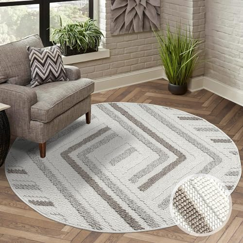 Teppich Kurzflor Wohnzimmer - Creme, Beige - 160x160 cm Rund - Teppiche Boho-Style - Geo-Muster - Schlafzimmer, Esszimmer