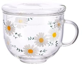 PEKJI Taza de Cristal con patrón de Flores de Margarita con Tapa, Taza de Avena para Desayuno en casa, Taza para café y Leche, Vasos para Beber Resistentes al Calor, 375ml