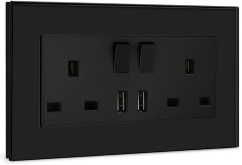 BSEED Double Switched Sockets with Two USB Charging Ports, UK Standard Electric Power Sockets with Glass Panel, 2 Gang 13A Wall Socket, Black