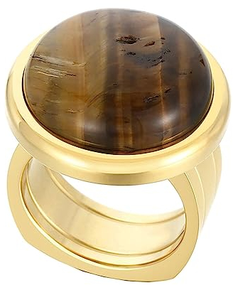 Bihsilin Damen Ringe Edelstahl, Gold Ring Personalisiert Breit mit Braun Naturstein Siegelring Trauringe Hochzeit Ringe Frauen Nickelfrei Größe 57 (18.1)