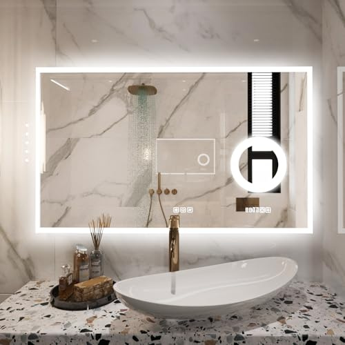 furduzz LED Bathroom Mirror with 3X Magnifier, 800x600mm Wall Mounted Mirror with lighting, Dimmable, Digital Clock, Temperature, 3 Colors, Anti-fog, Memory Function, LED Makeup Wall Mirror