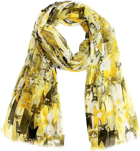J26 Leichte Sommer Seide Tuch mit Katze Hunde Motiv XL Schal Silk Seidenschal Seindentuch Cat Dog Halstuch Hochwertig Glitzer (Glitzer Katze Gelb)