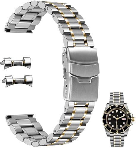 Juntan Stainless Steel Watch Strap 20mm 22mm Curved End Straight End for Men Women Metal Watch Band Quick Release Replacement Bracelet with Double Folding Buckle Silver Black