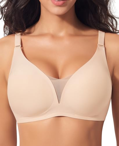 Ganado Modischer Mesh BH Damen Nahtloser BH ohne Bügel Bequem BHS Tiefem V-Ausschnitt Bügellos BHS Soft Bra Gepolstert Bralette (Beige, XL)