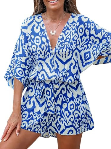 CUPSHE Women Jumpsuit V Neck Lace Up Romper Leopard Print Dolman Sleeves Short Wide Leg Casual Overall Playsuit Blue Abstract XL