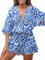 CUPSHE Women Jumpsuit V Neck Lace Up Romper Leopard Print Dolman Sleeves Short Wide Leg Casual Overall Playsuit Blue Abstract XL