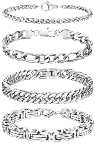 LOCCY Armband Herren, 4 Stück Silber Edelstahl Herrenarmbänder Panzerkette Armband Königskette Armbänder Figaro Armbänder Glieder Link Armkette für Männer Jungs (4 Stück-Silber-4/6mm, Zentimeter, 21)