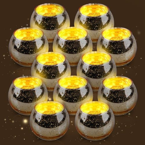 Lot de 12 photophores ronds en verre à mercure - Or rose - Pour anniversaire - Pour bougies chauffe-plat, salon, décoration de table de mariage
