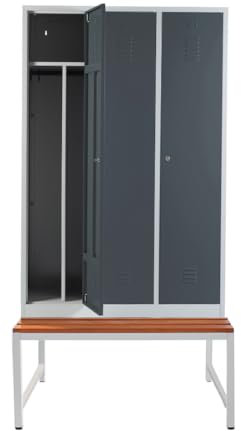 Schrank & Stuhl – Metallspind mit 3 Abteilen, Trennwand und Sitzbank - 40cm Abteilbreite, 220x120x80cm, Schließfachschrank mit Hutboden & Zylinderschlössern, Grau/Anthrazit
