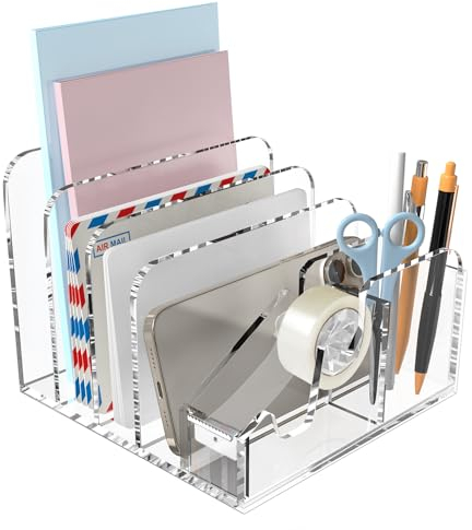 MerryNine Acryl-Schreibtisch-Organisator, Clear Desk Storage mit 4 Fächern, Bleistifthalter für Büro, Haus, Schule Schreibtisch Organisation