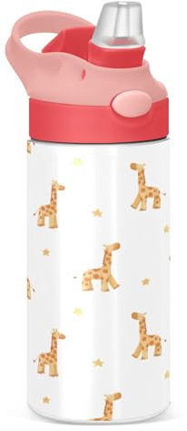 Sevdomey Jirafa - Botella de agua para niños y niñas, de acero inoxidable, aislada a prueba de fugas, 350 ml, con pajilla, para escuela, guardería, viajes, deportes