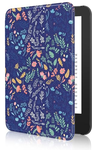 MoKo Étui pour 6 Amazon Kindle Basic 11e Gén 2024/2022, Fleurs sur Bleu | Coque Légère, Veille/Réveil Automatique, Imperméable, Compatible Amazon Kindle Basic 11e Génération