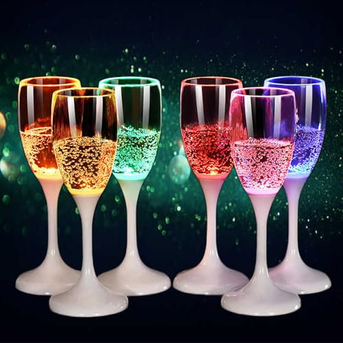 DPWELL LED Champagne Flutes Water Liquid Activated Light Up Cups 120ml Glowing Wine Glasses Colored Champagne Flutes Drinking Goblets Set of 6
