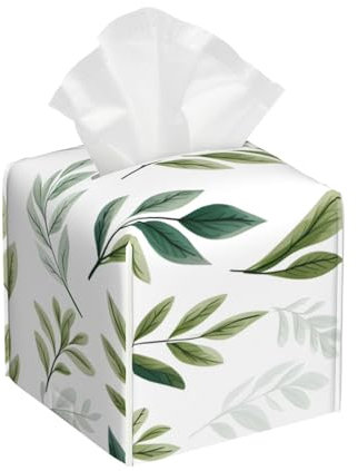 Copertura quadrata per fazzoletti, in pelle, con foglie ad acquerello e piante verdi, per tavolo, bagno, auto, ufficio, 13,2 x 13,2 x 13,2 cm