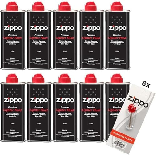 Ziippo Lighter Fuel Set of 10 x Petrol Original Lighter Fluid Refill Petrol 125 ml Each | 1 x 6 Flint