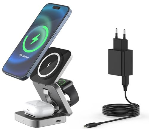 chuangshiji 3 en 1 para Cargador Inalámbrico Base Cargador Apple Watch AirPods Carga Rapida MagSafe Apple Estación de Carga para 16/15/14/13/12 y Apple Watch y AirPods