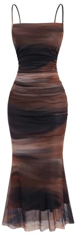 GORGLITTER Women's Tie Dye Ruched Fishtail Maxi Dress Ombre Mesh Party Ruffle Cami Dresses Brown L