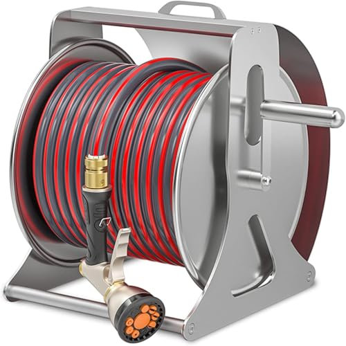 DPLXQPP Tragbarer Schlauchaufroller Aus Edelstahl,Schlauchaufroller Aus Metall,Wandmontierter Oder Freistehender Gartenschlauchaufroller Für Hinterhof,Terrasse,Garten,Rasen,10m