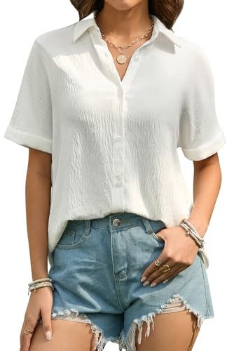 Stamain Womens White Shirt Short Sleeve Button Down Ladies Summer Shirts Casual Loose Fit Blouses for Women UK M