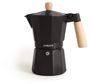 CREATE / THERA MOKA RETRO/Cafetera italiana negro 450 ml/Capacidad de 9 tazas, fabricada en aluminio, válvula de seguridad, apta para gas, cocina eléctrica o vitro