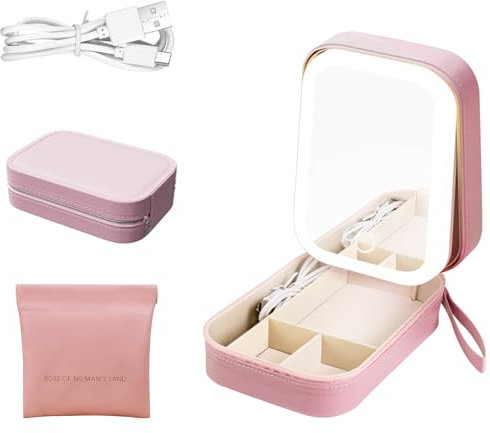 Makeup Bag with LED Mirror with 3 Colour Light Modes, Portable Travel Cosmetic Organiser with Multiple Compartments, Lighted Vanity Case for Women, Pink (Professional Jewellery & Makeup Storage Gift