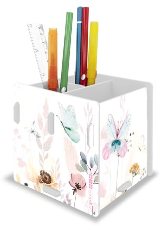 itenga Stifteköcher mit Motiv zum Zusammenstecken - 3 Fächer - Stiftehalter Kinder Schüler Schreibtisch Organizer Stiftebox - 10x 10 x 9,5cm (Motiv Schmetterling)