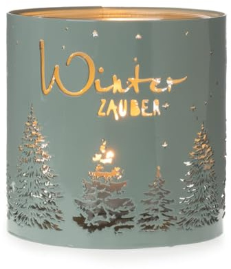 itsisa Windlicht Winterzauber mit Kerzenglas, mattgrün, klein H:11 cm aus Metall - Tischdeko Advent Weihnachten, Adventsdeko, Weihnachtsdeko, Winterdeko,Teelichthalter