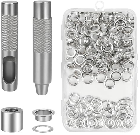Flying Pottery 100 Sets Oeillets Inox, Oeillets Pour Baches 17mm, Trousse à Oeillet Avec Outil de Perforation et Socle, Pour Bâche, Sacs et Vêtements (Argent)