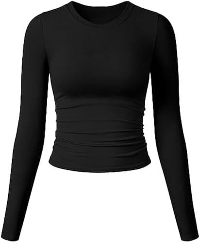 KIKIMINK Womens Black Long Sleeve Tops Crew Neck T-Shirt Basic Tops with Side Pleats for Women UK