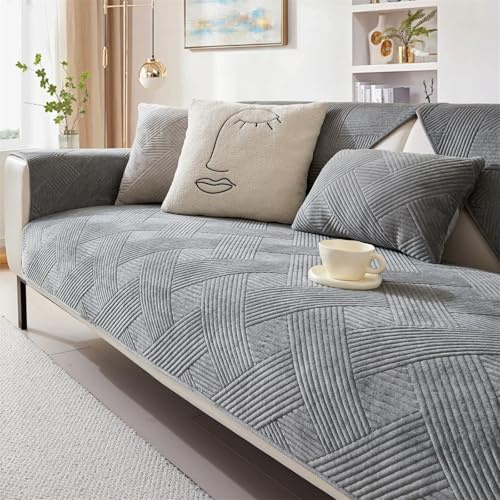 LINGKY Sofa Überzug Weiche Samt Sofabezug Waschbar Hund Katze Sofaschoner rutschfest Vintage Couch Überzug für U Form L Form Sektionssofa für 1 2 3 4 Sitzer Sofa (Dunkelgrau,90x160cm)