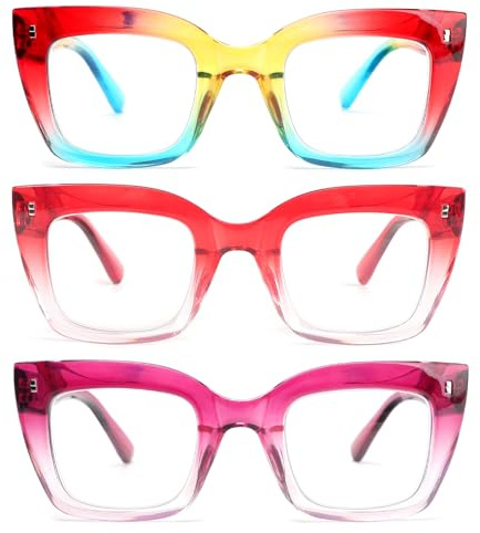 KoKoBin 3 confezioni di oversized occhiali da lettura quadrati da donna, anti luce blu con cerniere a molla occhiali