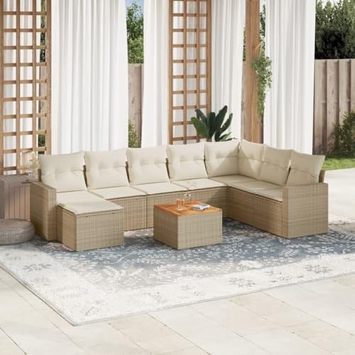 Qnhdfrt Garten Sofa Garnitur 9 teilig Beige PE Rattan Lounge Set mit Kissen und Tisch, für Balkon