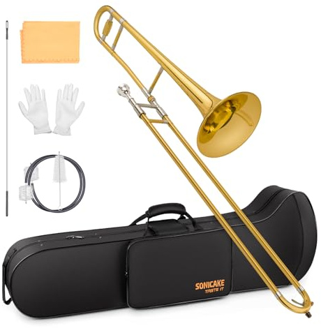SONICAKE Bb Alt Posaune Messing Goldlack komplettes Posaunen-Set | für Anfänger mit 7C Mundstück, Hartschalenkoffer, Handschuhen & Zubehör QTB-01