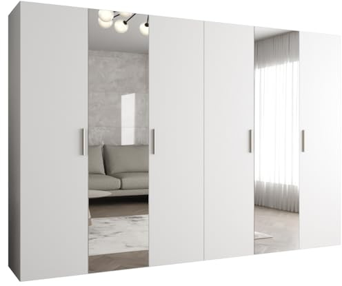MEBLE KRYSPOL - Kleiderschrank - Garderobenschrank - 300 cm x 202 x 52 cm - Schrank mit Kleiderstange und Spiegel, 6 Türen - für Schlafzimmer, Flur - BARI, Weiß, Griff Silber