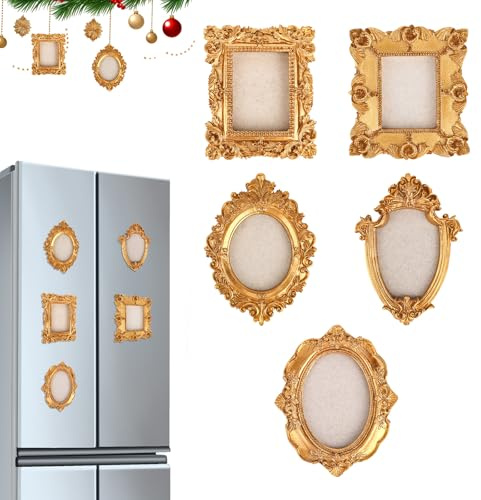 5pcs Mini Vintage Magnetic Picture Frames Set, Small Photo Frames for Refrigerator Display Victorian Style Decor with Soft Magnetic Backing for Kitchen Office Home Wall Display (Gold)