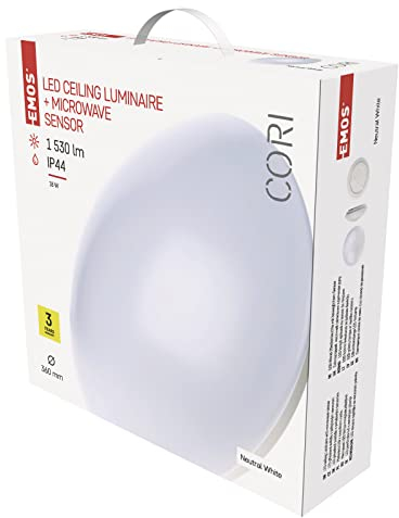 EMOS Deckenleuchte/Wandleuchte mit Bewegungsmelder, 1530 lm, 4000 K neutralweiß, 18W LED Panel rund mit Durchmesser 410 mm, ZM3412, White, 40 x 11,5 x 40 cm