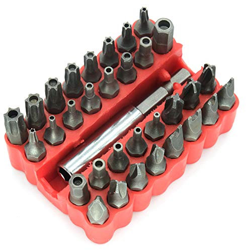 GOSONO Security Tamper Proof Bit Set 33pcs Torq Torx Hex Star Spanner Tri Wing Electric Screwdriver Hex Bit 1/4 6.35mm Magnetic Holder (33pcs hollow section)