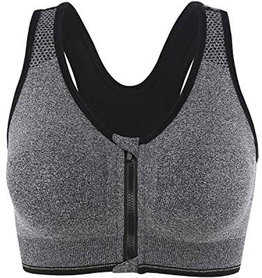 CLOUSPO Sports Bra Post Surgery Bra Zip Front Wireless with Removable Pads Yoga Bra for Workout Fitness(L,Grey)