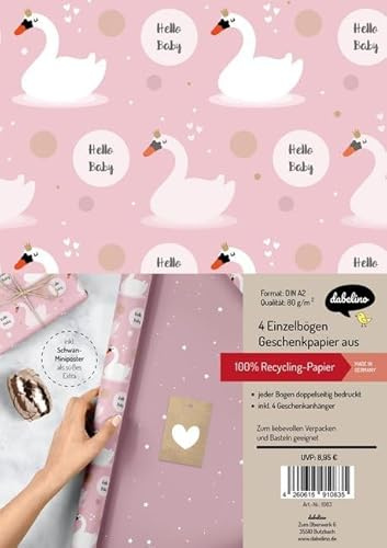 dabelino zur Geburt für Baby-Mädchen: Schwäne: 4x Einzelbögen + 4x Geschenkanhänger