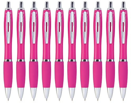 eBuyGB Pack of 10 Ballpoint Pens Blue Ink Retractable Push Button Pen, Fuchsia