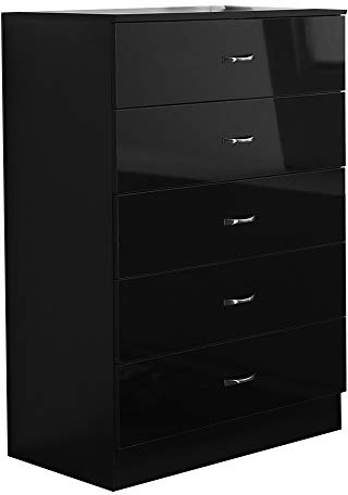 FWStyle High Black Gloss Modern 5 Drawer Chest Bedroom Storage Metal Handles