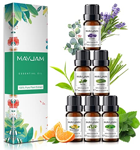 MAYJAM Set Oli Essenziali 6 Pezzi, Oli Essenziali per Diffusori Aromaterapia Puri Naturali, Olio Essenziale di Lavanda, Eucalipto, Tea Tree, Menta Piperita, Arancia Dolce, Citronella
