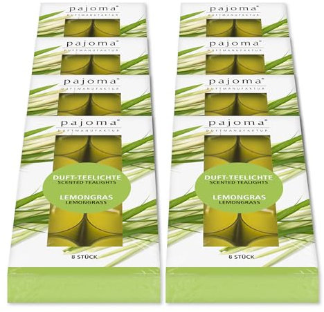 pajoma® Teelichte 8er Pack, Lemongras | 64 Duft-Teelichte in Polycarbonathülle, Brenndauer ca. 4 Stunden - Höhe 1,5 cm ø 3,5 cm | Premium Qualität | Deko, Gastronomie, Outdoor, Windgläser, Hochzeit