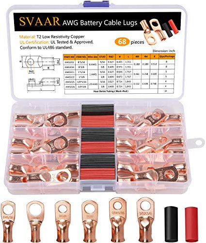 SVAAR 68pcs UL Listed AWG Copper Wire Lugs Assortment Kit 0 Gauge 1 Gauge 8 Gauge with 5/16 or 3/8Stud Heavy Duty Battery Cable Closed End Tubular Ring Terminals Connectorsr with Heat Shrink Tubing