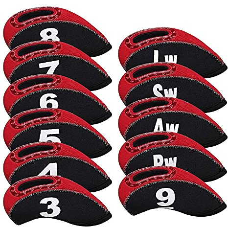BIG TEETH Golf Iron Head Covers 11Pcs (3-9.Pw.Aw.Sw.Lw) Neoprene with Number Multi Colors Transparent Iron Number Flexible Fit for Titleist, Ping, Taylormade, Cobra (Red&Black)